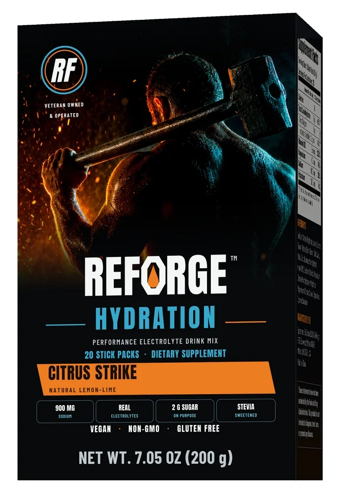 ReForge Hydration Citrus Strike carton artwork render, 20 sticks and 200 grams